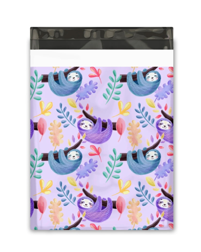 10x13 Purple Sloths Designer Poly Mailers Shipping Envelopes Premium Printed Bags